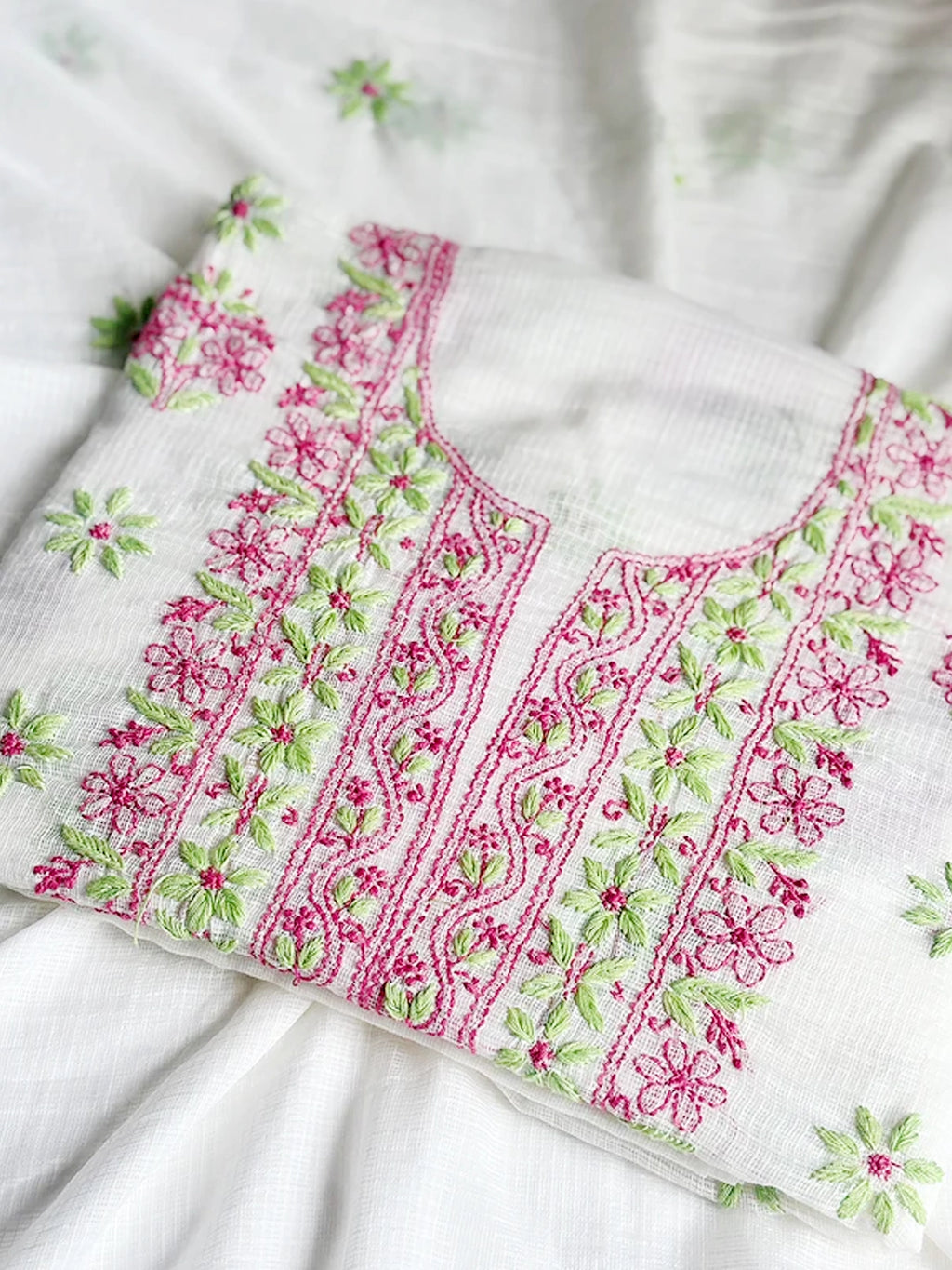 Pink Eshani Kota Doria Chikankari Un-stitched Kurti Piece with Dupatta