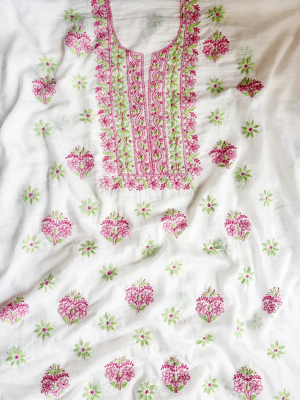 Pink Eshani Kota Doria Chikankari Un-stitched Kurti Piece with Dupatta