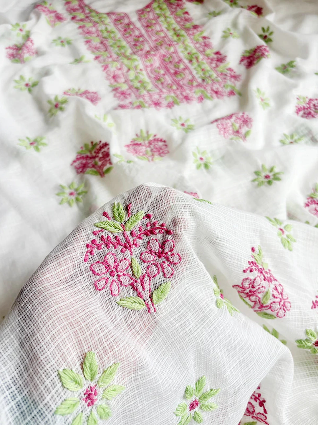 Pink Eshani Kota Doria Chikankari Un-stitched Kurti Piece with Dupatta