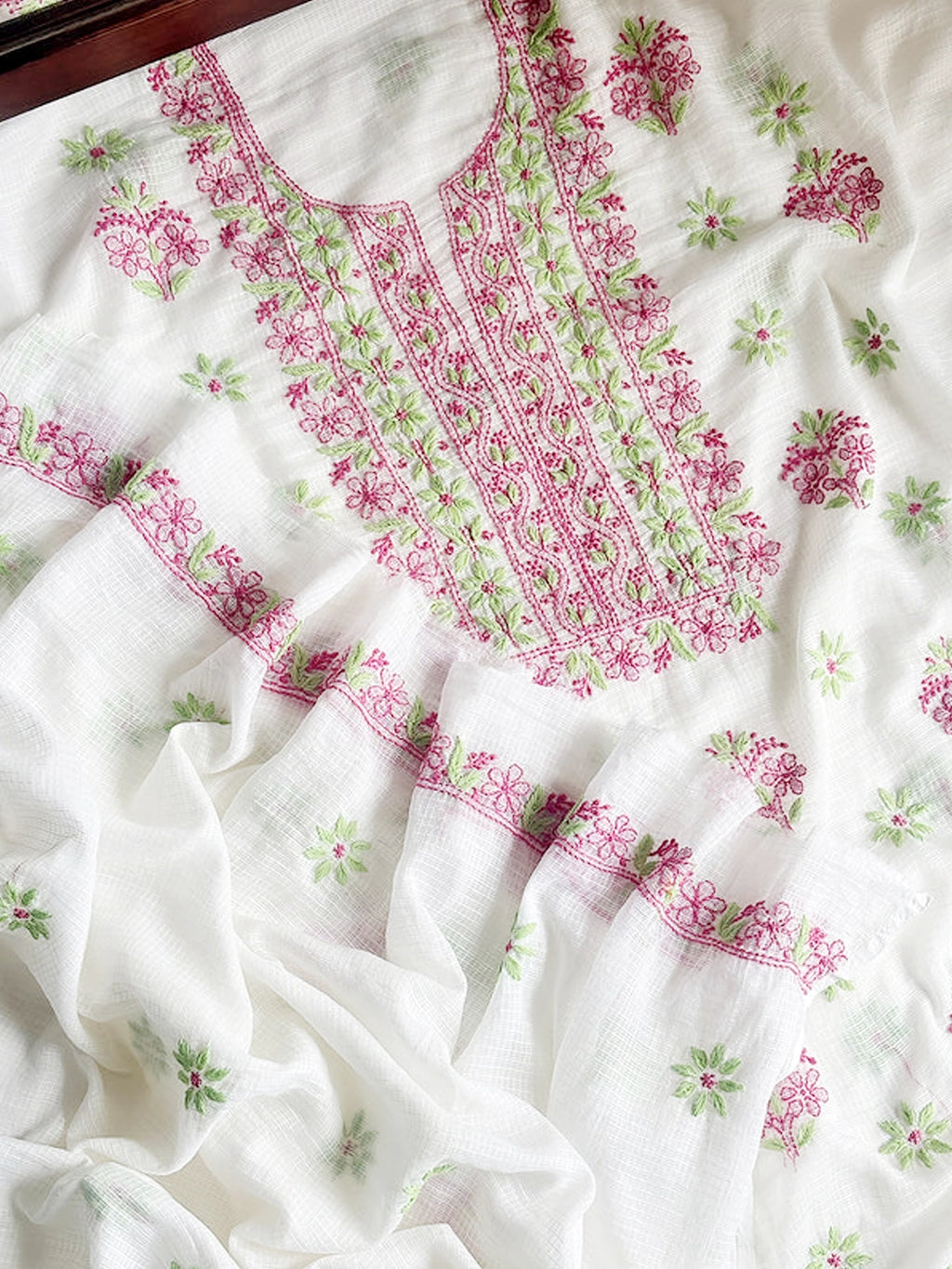 Pink Eshani Kota Doria Chikankari Un-stitched Kurti Piece with Dupatta