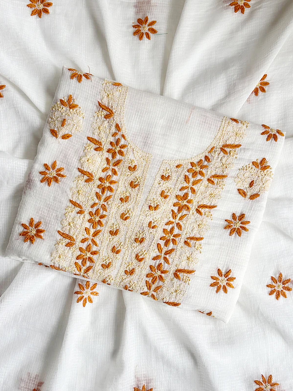 Yellow Eshani Kota Doria Chikankari Un-stitched Kurti Piece with Dupatta