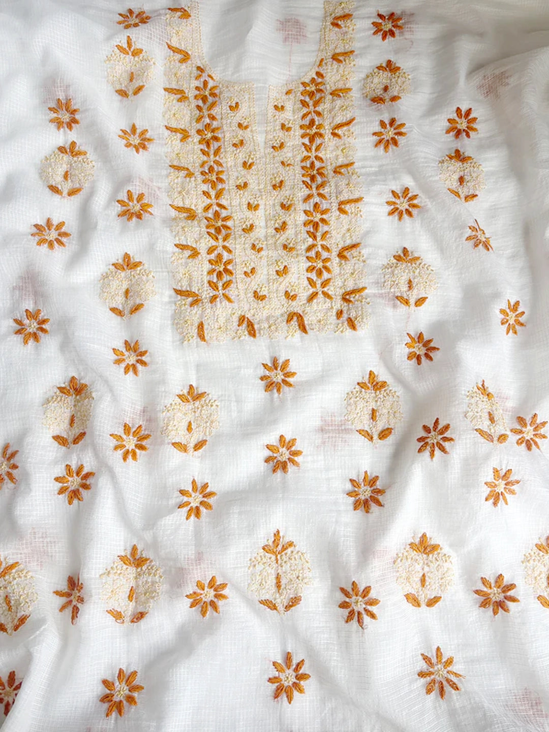 Yellow Eshani Kota Doria Chikankari Un-stitched Kurti Piece with Dupatta