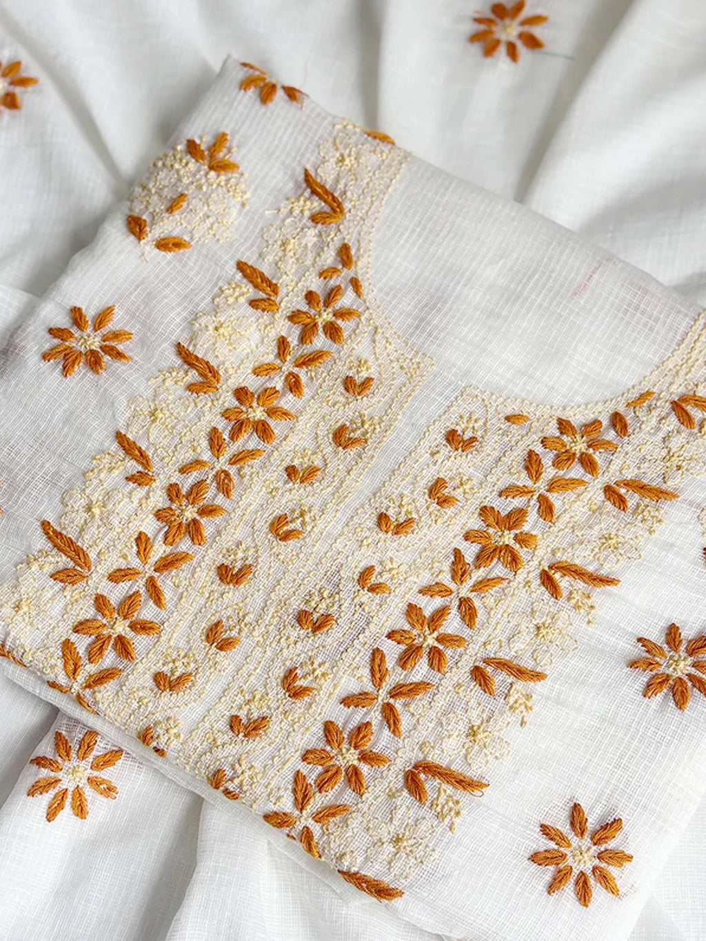 Yellow Eshani Kota Doria Chikankari Un-stitched Kurti Piece with Dupatta