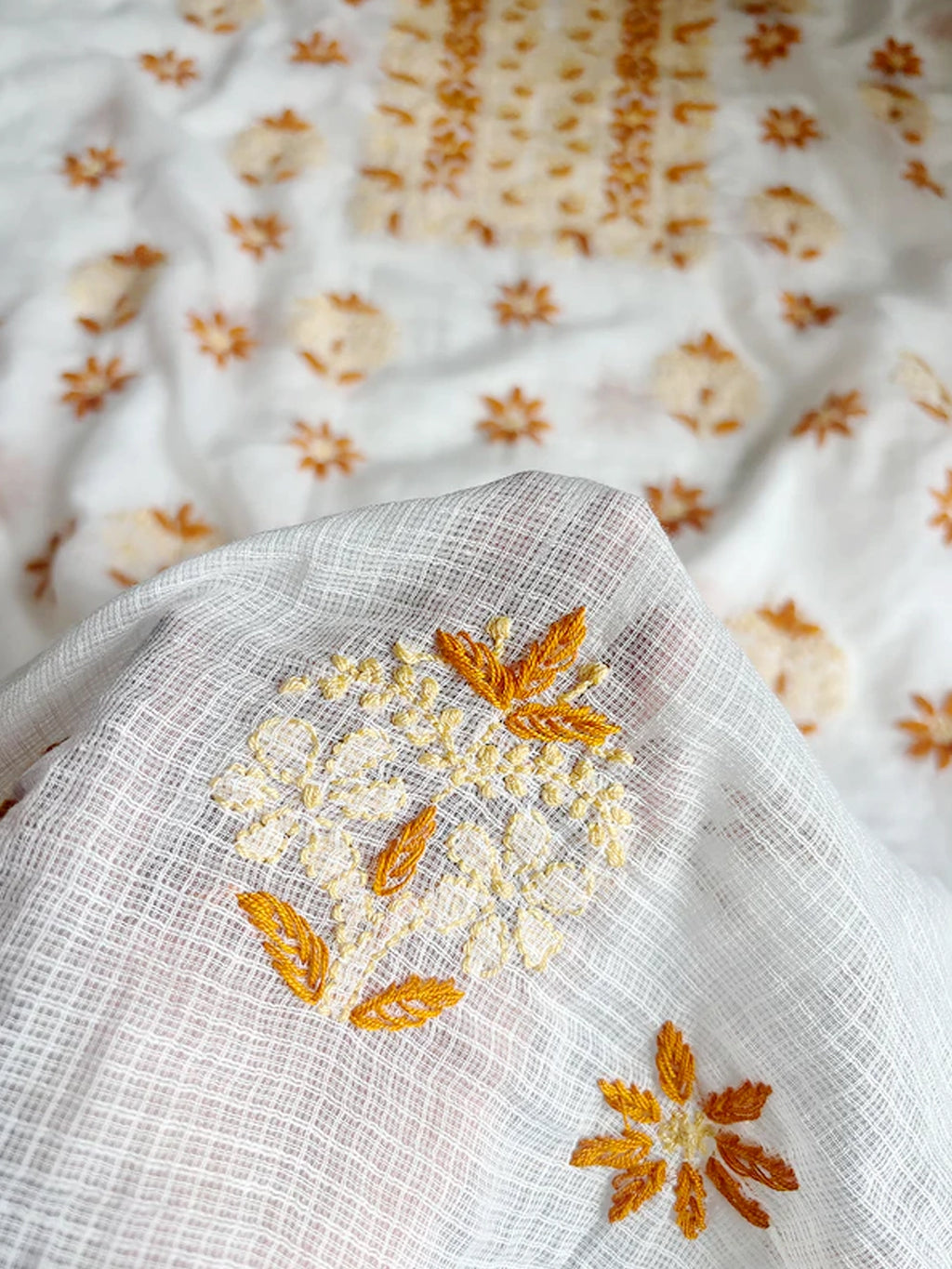 Yellow Eshani Kota Doria Chikankari Un-stitched Kurti Piece with Dupatta