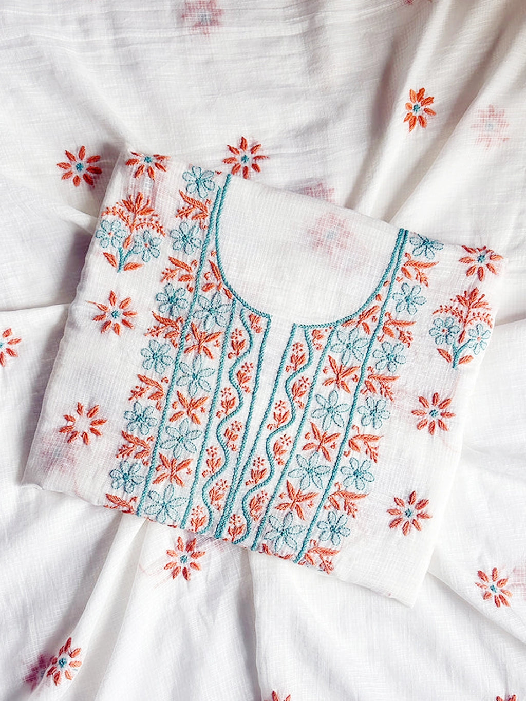 Red Eshani Kota Doria Chikankari Un-stitched Kurti Piece with Dupatta