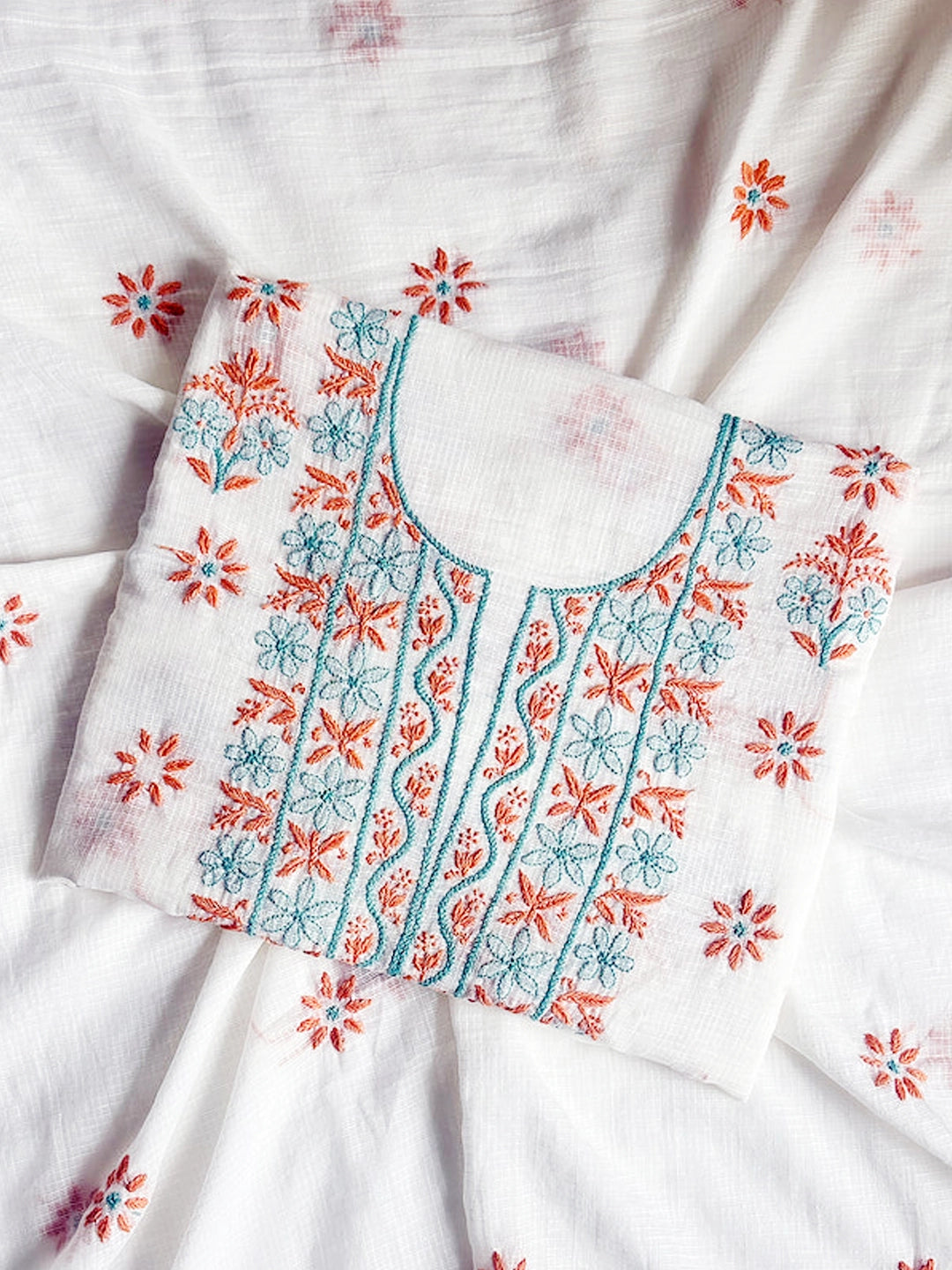 Red Eshani Kota Doria Chikankari Un-stitched Kurti Piece with Dupatta