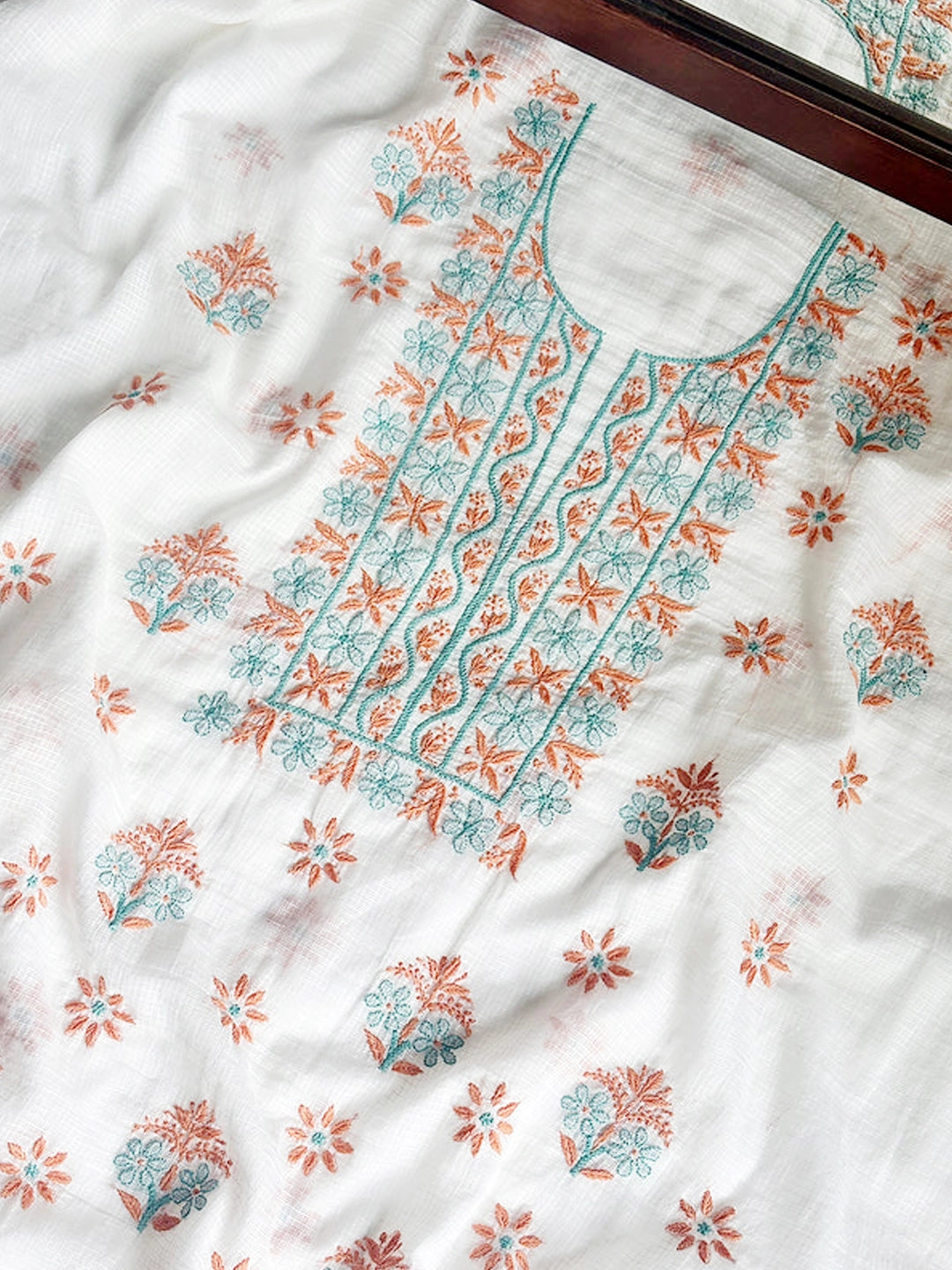 Red Eshani Kota Doria Chikankari Un-stitched Kurti Piece with Dupatta