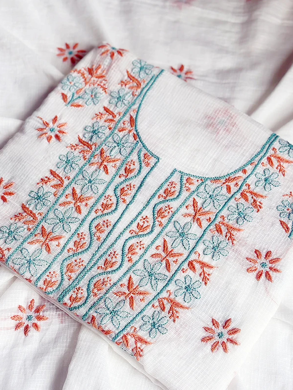 Red Eshani Kota Doria Chikankari Un-stitched Kurti Piece with Dupatta