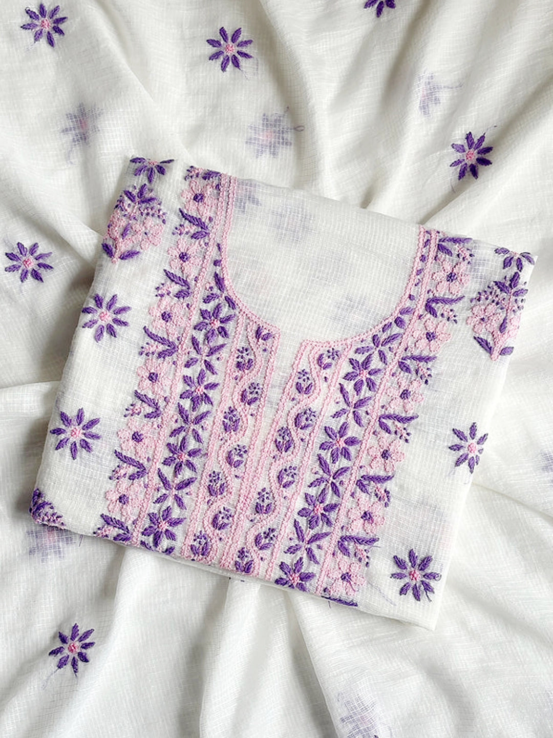 Purple Eshani Kota Doria Chikankari Un-stitched Kurti Piece with Dupatta
