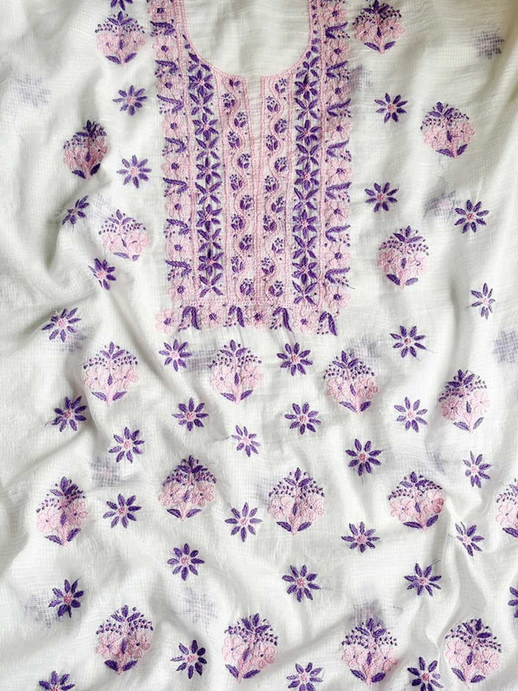 Purple Eshani Kota Doria Chikankari Un-stitched Kurti Piece with Dupatta