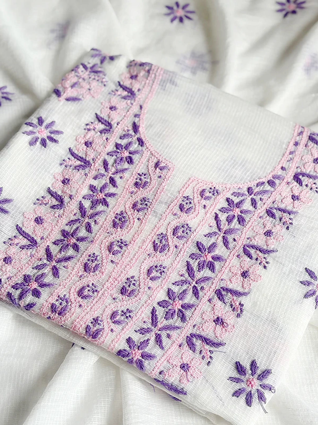 Purple Eshani Kota Doria Chikankari Un-stitched Kurti Piece with Dupatta