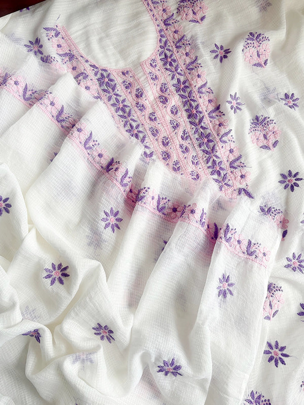 Purple Eshani Kota Doria Chikankari Un-stitched Kurti Piece with Dupatta
