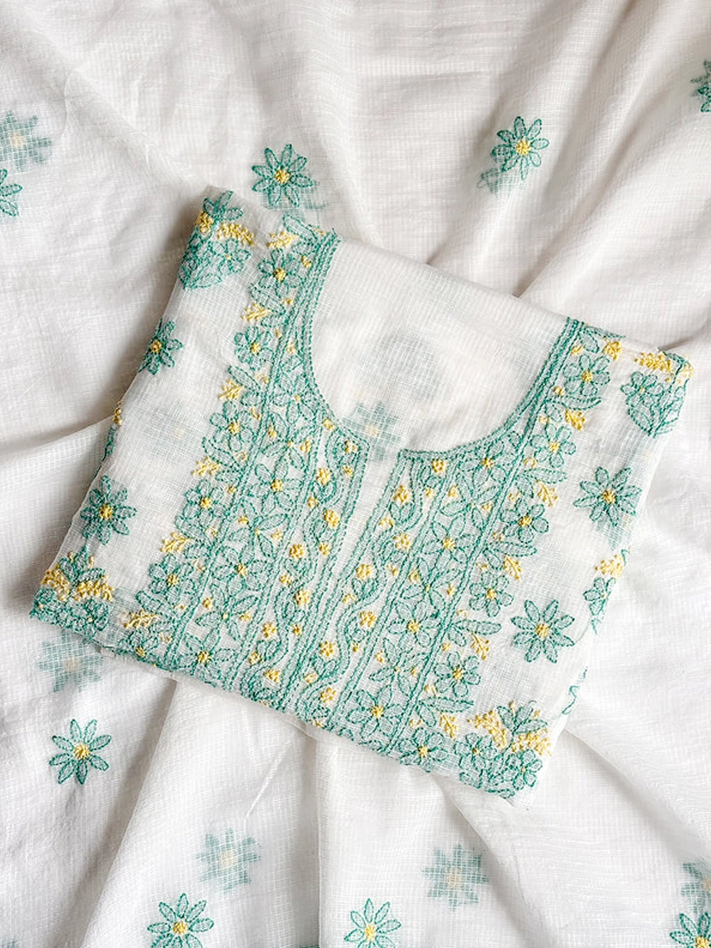 Sea Green Eshani Kota Doria Chikankari Un-stitched Kurti Piece with Dupatta