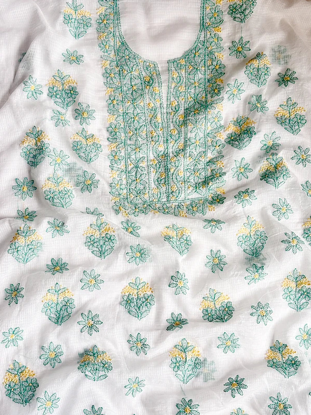 Sea Green Eshani Kota Doria Chikankari Un-stitched Kurti Piece with Dupatta
