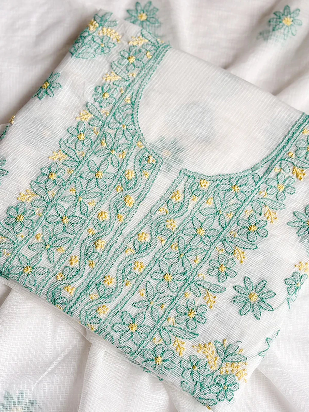 Sea Green Eshani Kota Doria Chikankari Un-stitched Kurti Piece with Dupatta