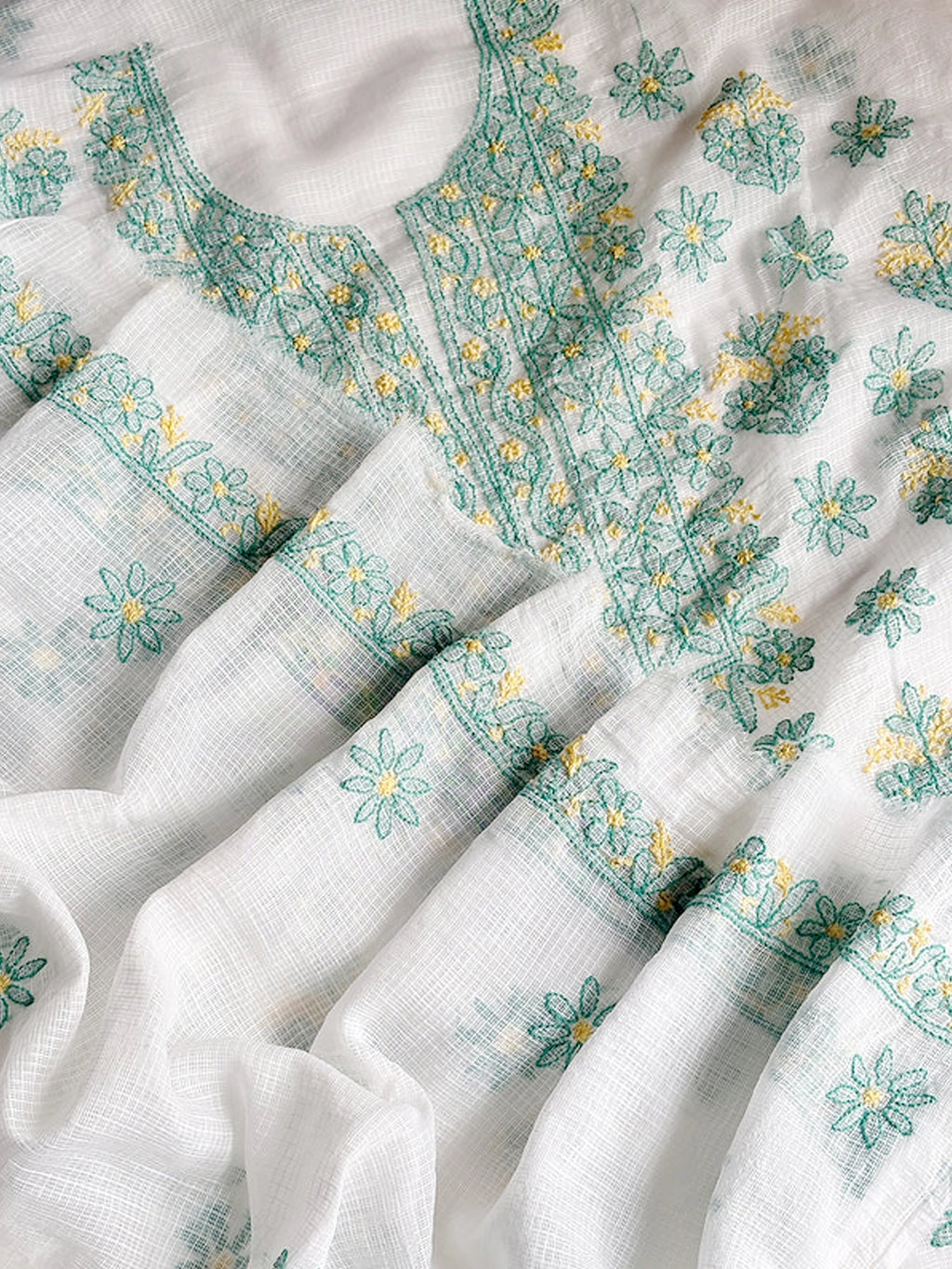 Sea Green Eshani Kota Doria Chikankari Un-stitched Kurti Piece with Dupatta