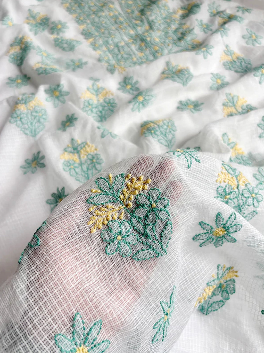 Sea Green Eshani Kota Doria Chikankari Un-stitched Kurti Piece with Dupatta