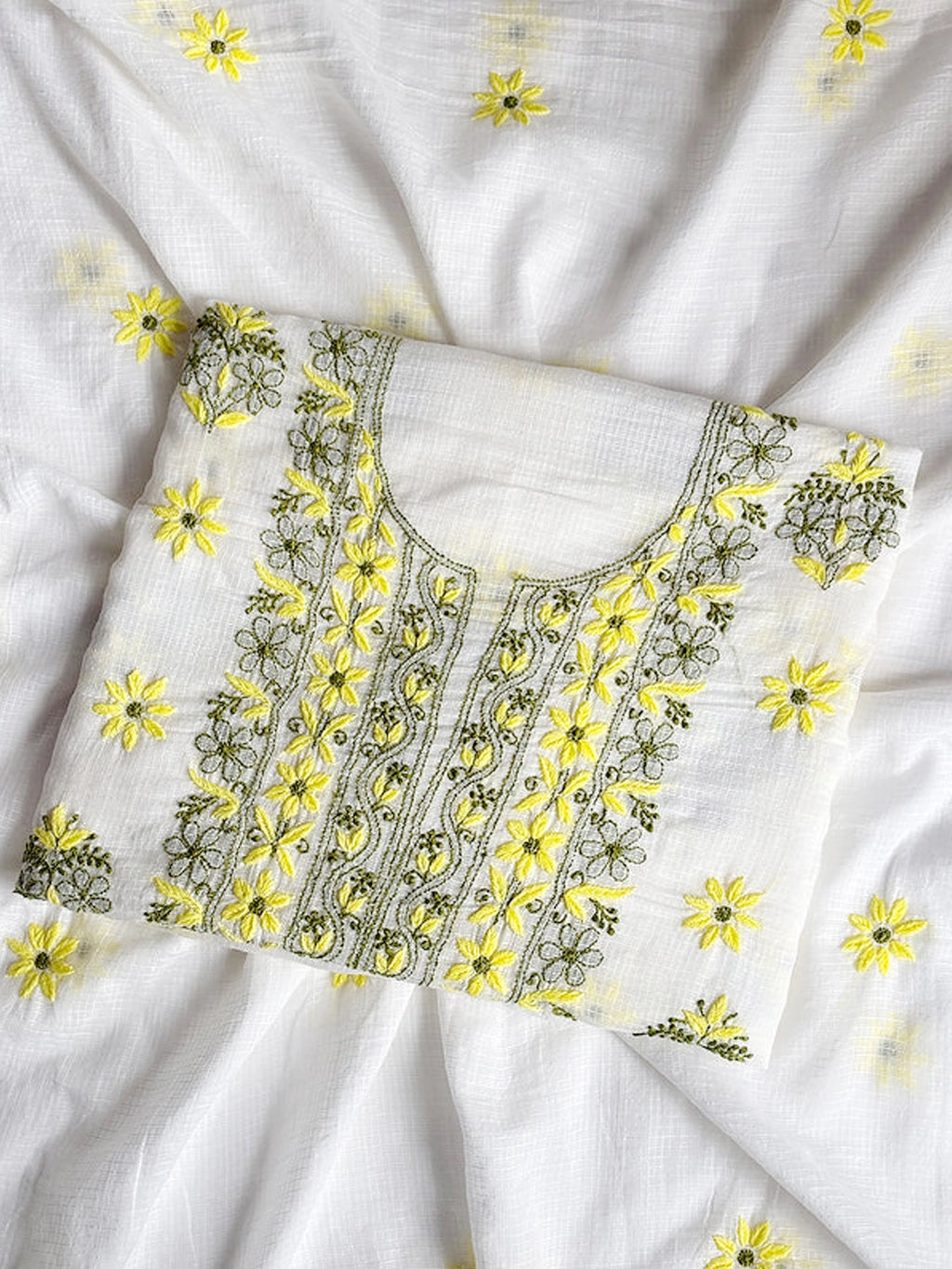 Yellow Eshani Kota Doria Chikankari Un-stitched Kurti Piece with Dupatta