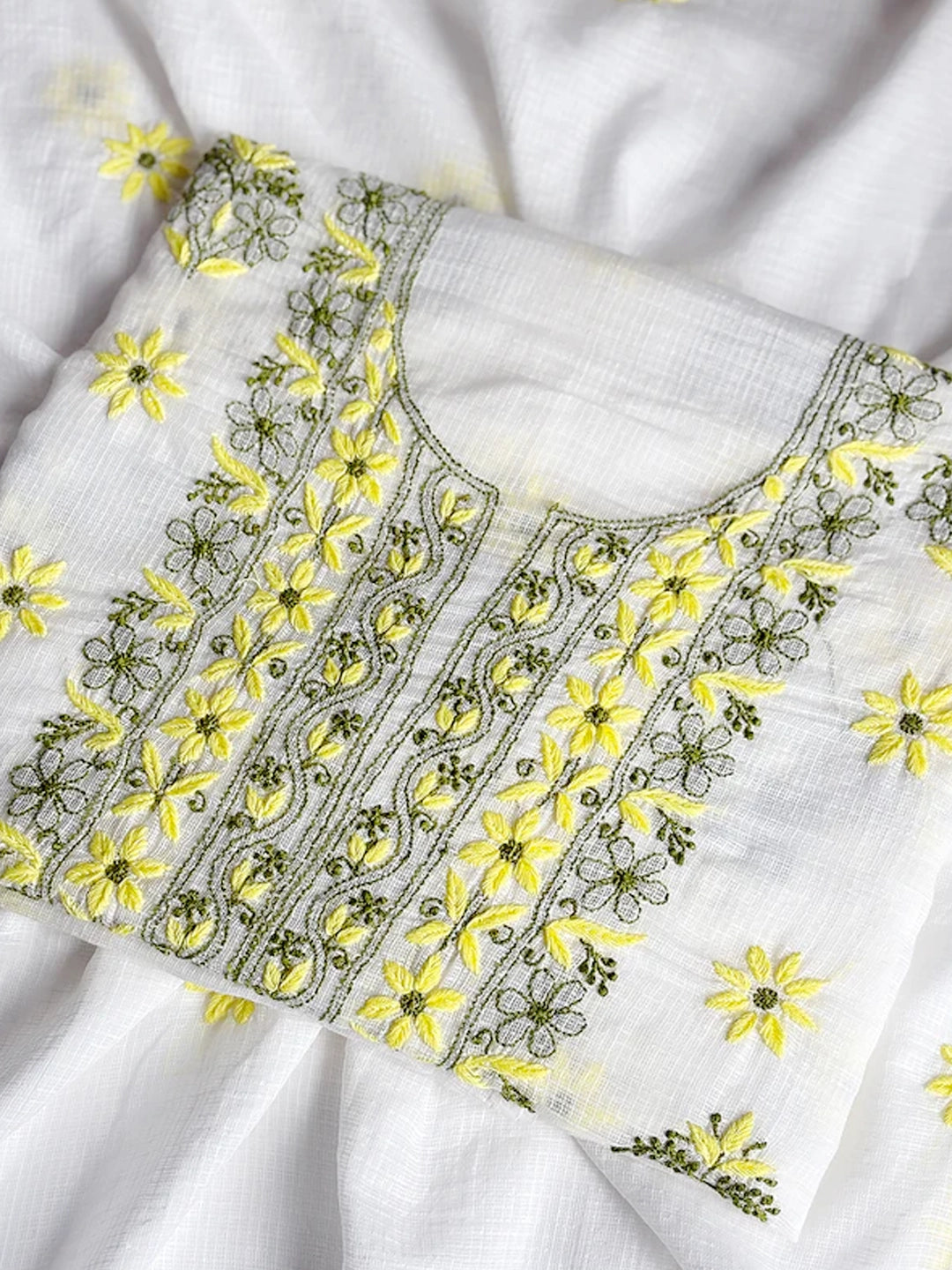 Yellow Eshani Kota Doria Chikankari Un-stitched Kurti Piece with Dupatta