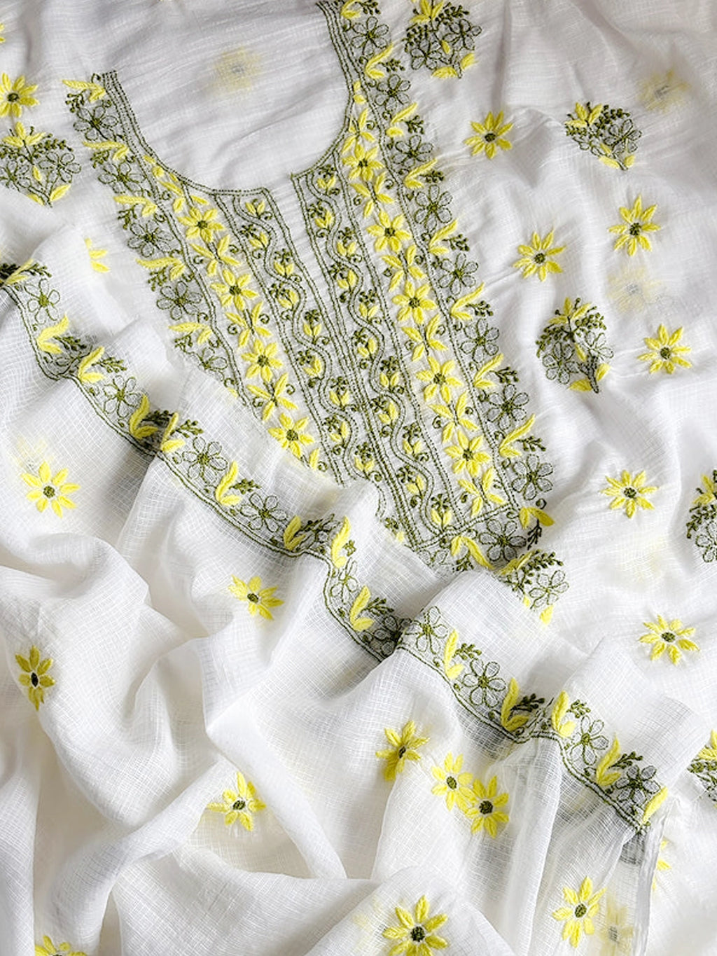 Yellow Eshani Kota Doria Chikankari Un-stitched Kurti Piece with Dupatta