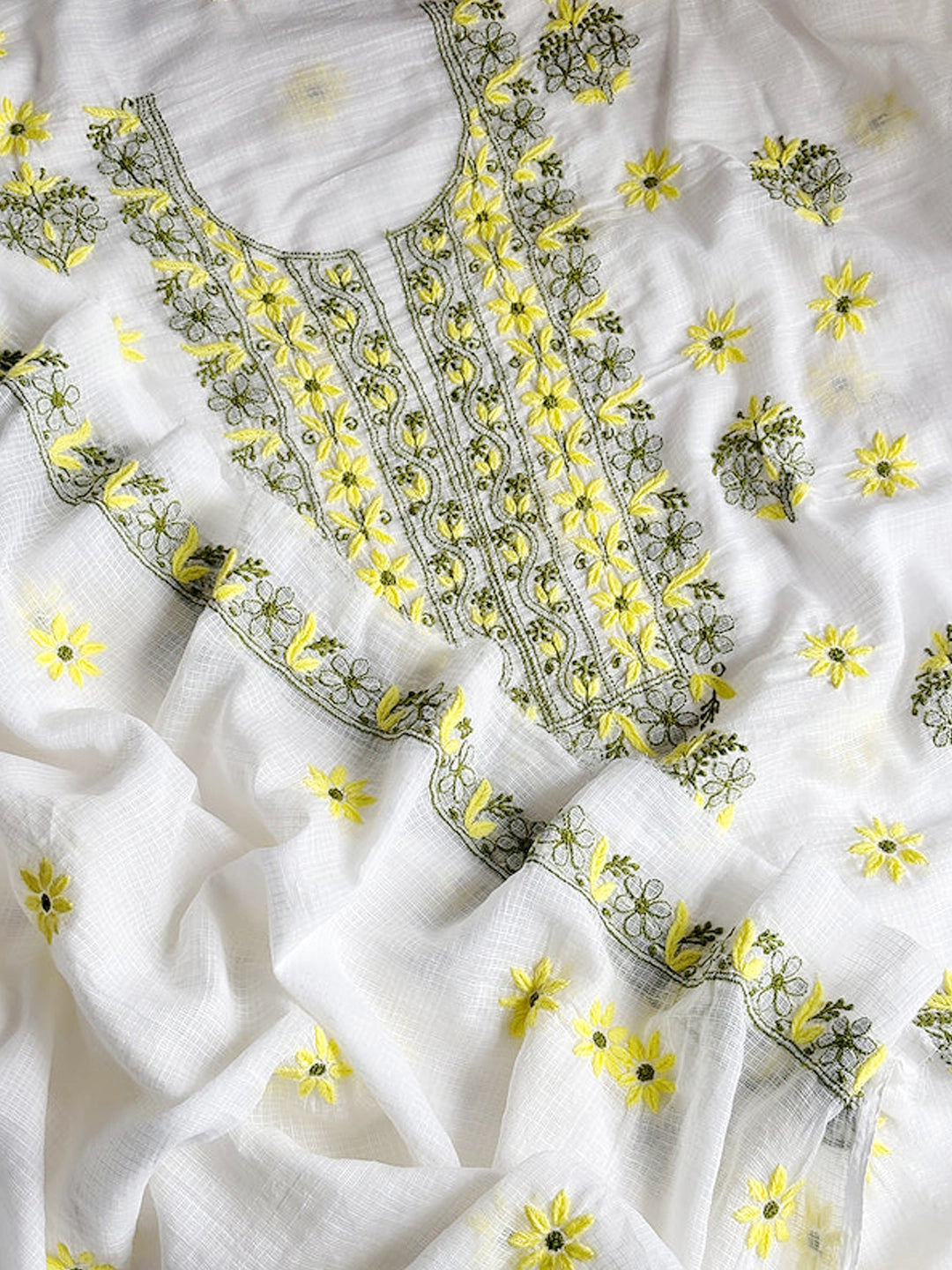 Yellow Eshani Kota Doria Chikankari Un-stitched Kurti Piece with Dupatta