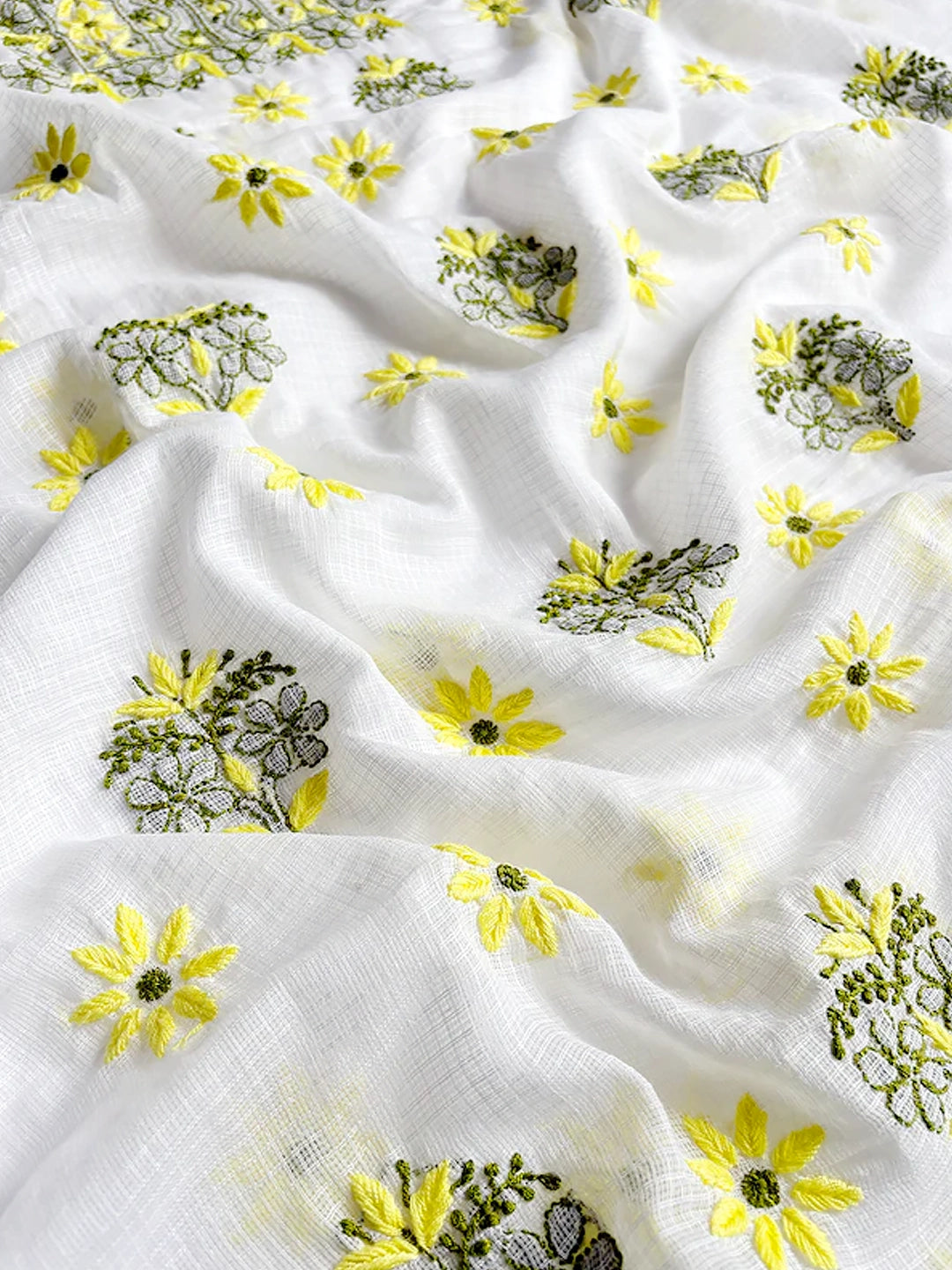 Yellow Eshani Kota Doria Chikankari Un-stitched Kurti Piece with Dupatta