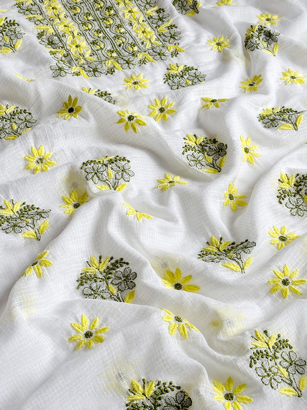 Yellow Eshani Kota Doria Chikankari Un-stitched Kurti Piece with Dupatta