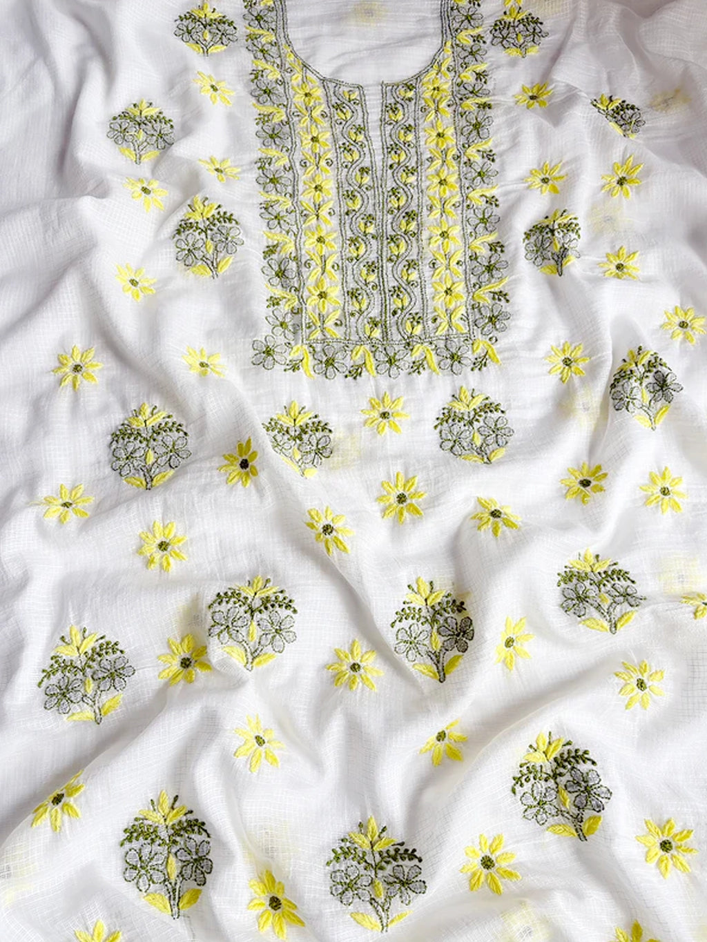 Yellow Eshani Kota Doria Chikankari Un-stitched Kurti Piece with Dupatta