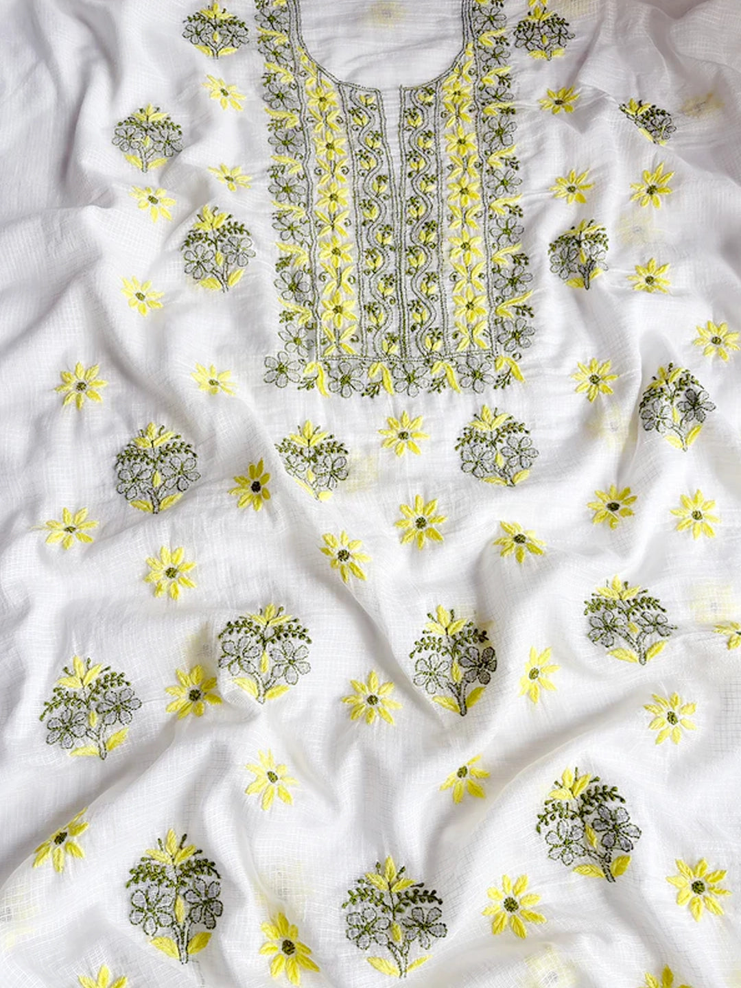 Yellow Eshani Kota Doria Chikankari Un-stitched Kurti Piece with Dupatta