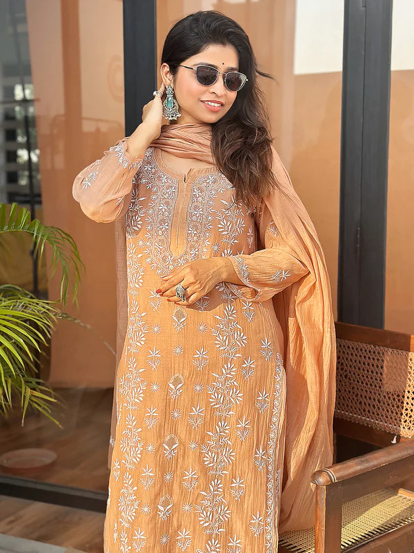 Eshika Chikankari Kurta Set - Coral