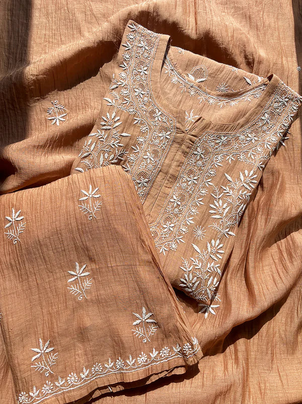 Eshika Chikankari Kurta Set - Coral