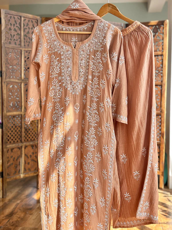 Eshika Chikankari Kurta Set - Coral