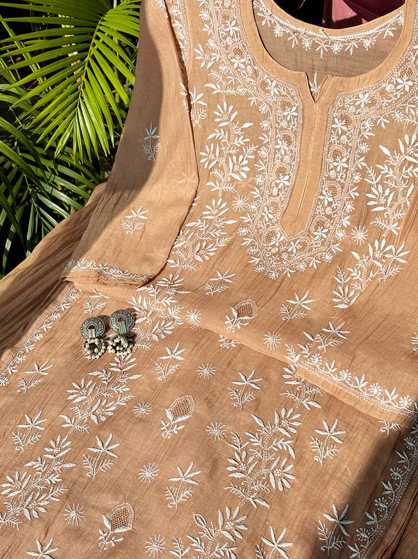Eshika Chikankari Kurta Set - Coral