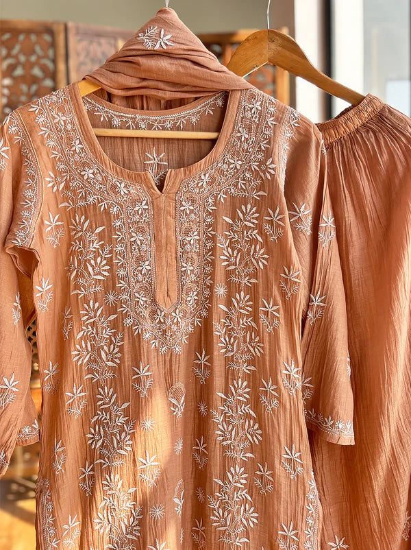 Eshika Chikankari Kurta Set - Coral