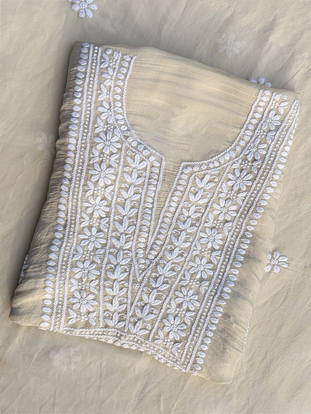 Faria Tissue Silk Chikankari Kurti Piece with Dupatta - Beige