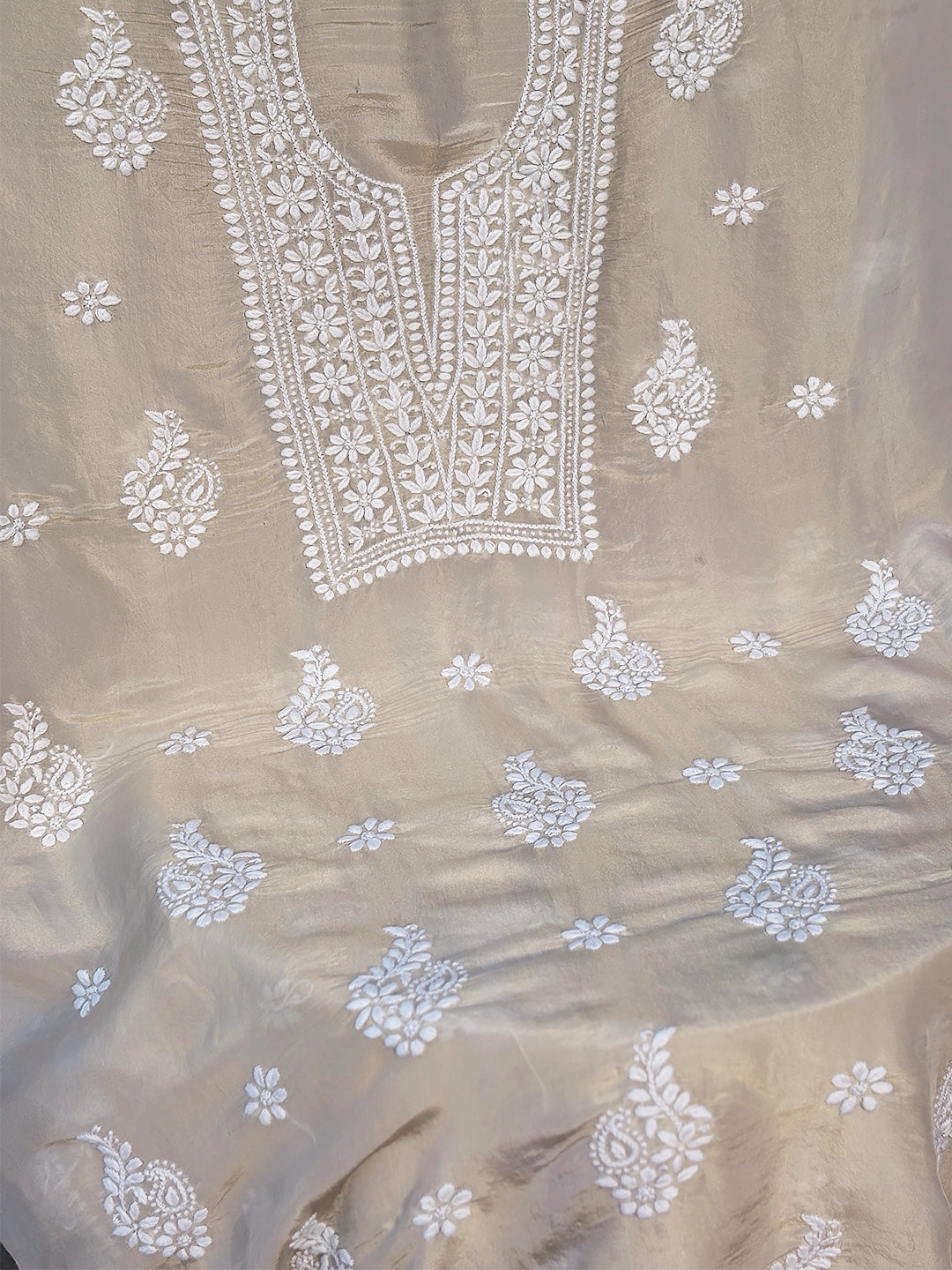 Faria Tissue Silk Chikankari Kurti Piece with Dupatta - Beige