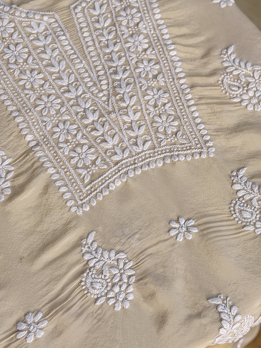 Faria Tissue Silk Chikankari Kurti Piece with Dupatta - Beige