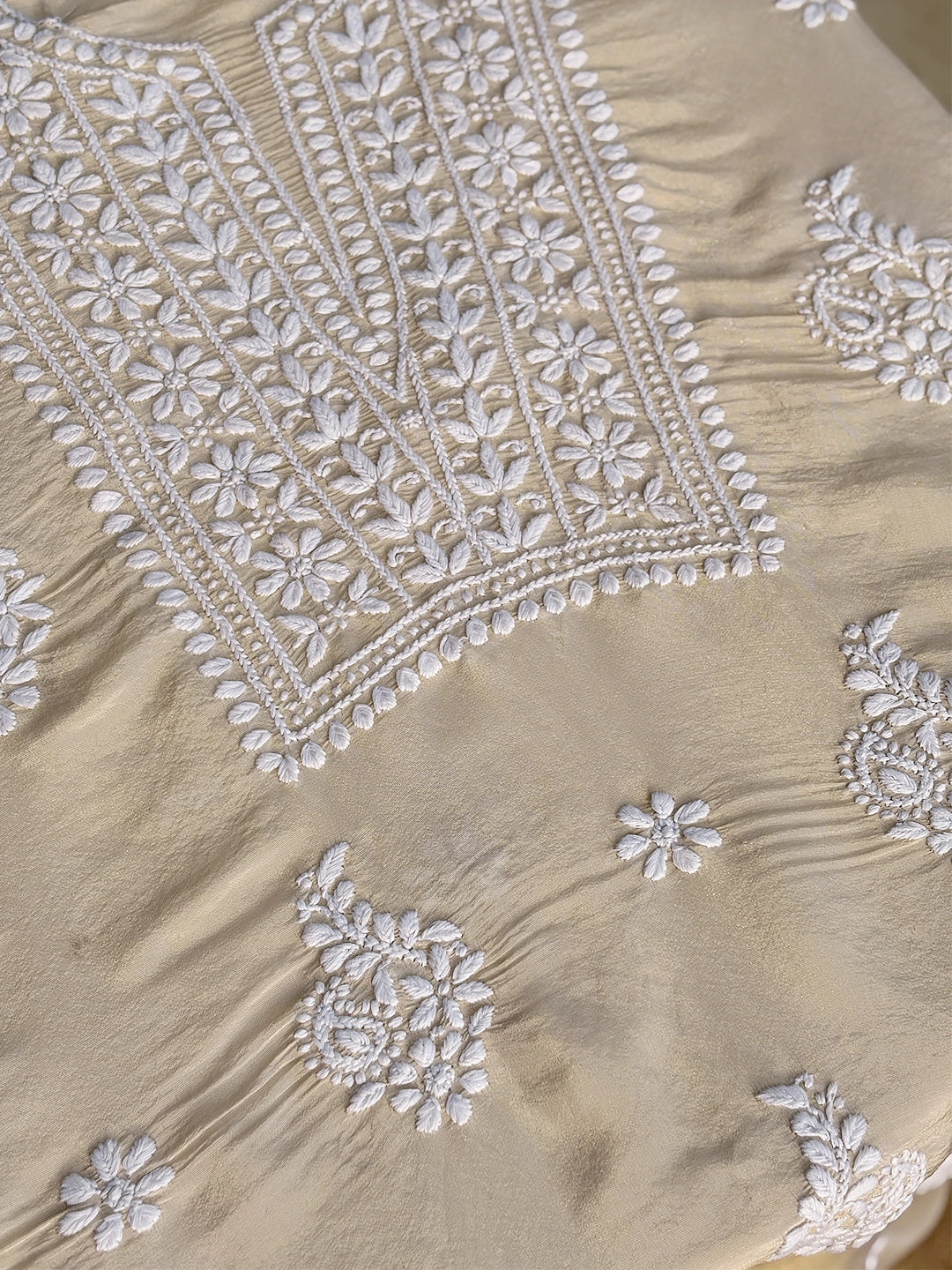 Faria Tissue Silk Chikankari Kurti Piece with Dupatta - Beige