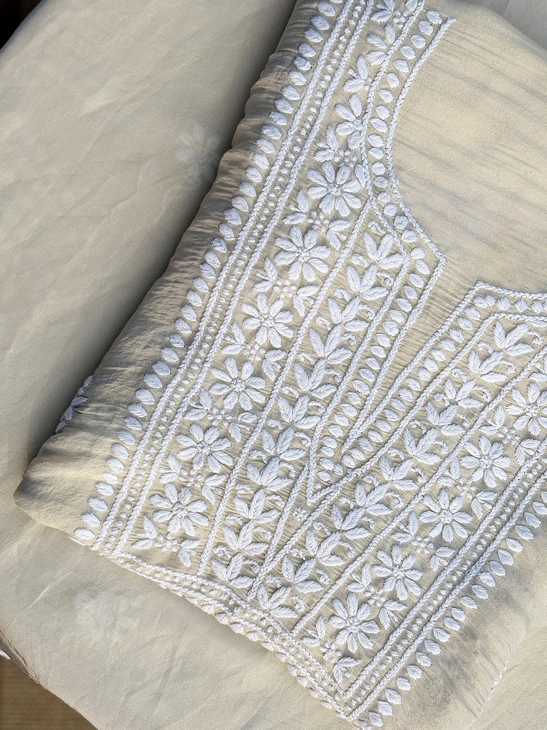 Faria Tissue Silk Chikankari Kurti Piece with Dupatta - Beige