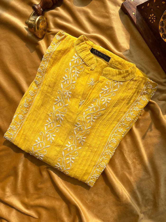 Feba Semi-Stitched Chikankari Short Kurta - Yellow