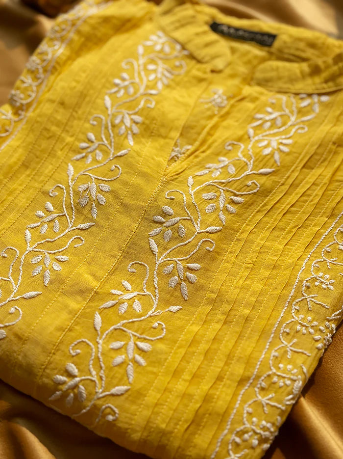 Feba Semi-Stitched Chikankari Short Kurta - Yellow
