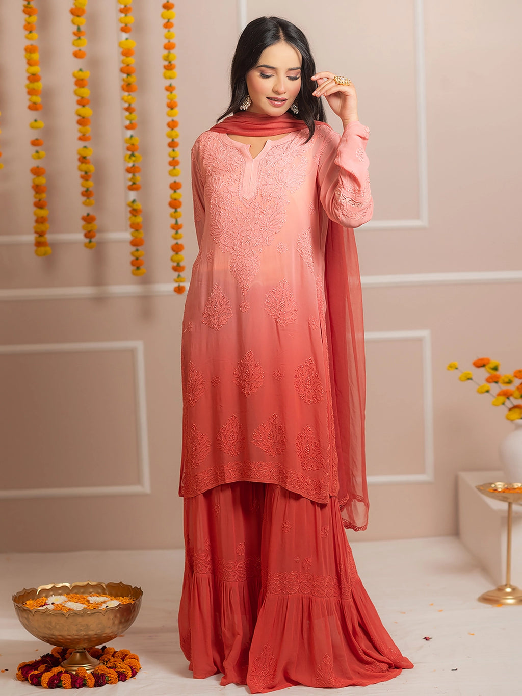Peach Giva Viscose Chikankari Kurta Set
