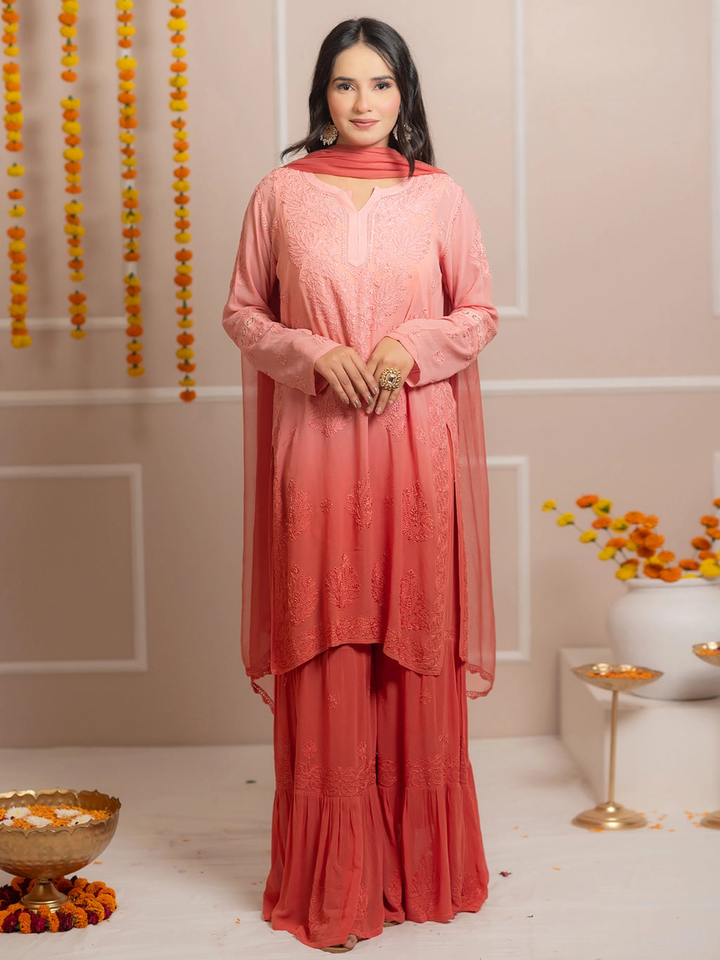 Peach Giva Viscose Chikankari Kurta Set