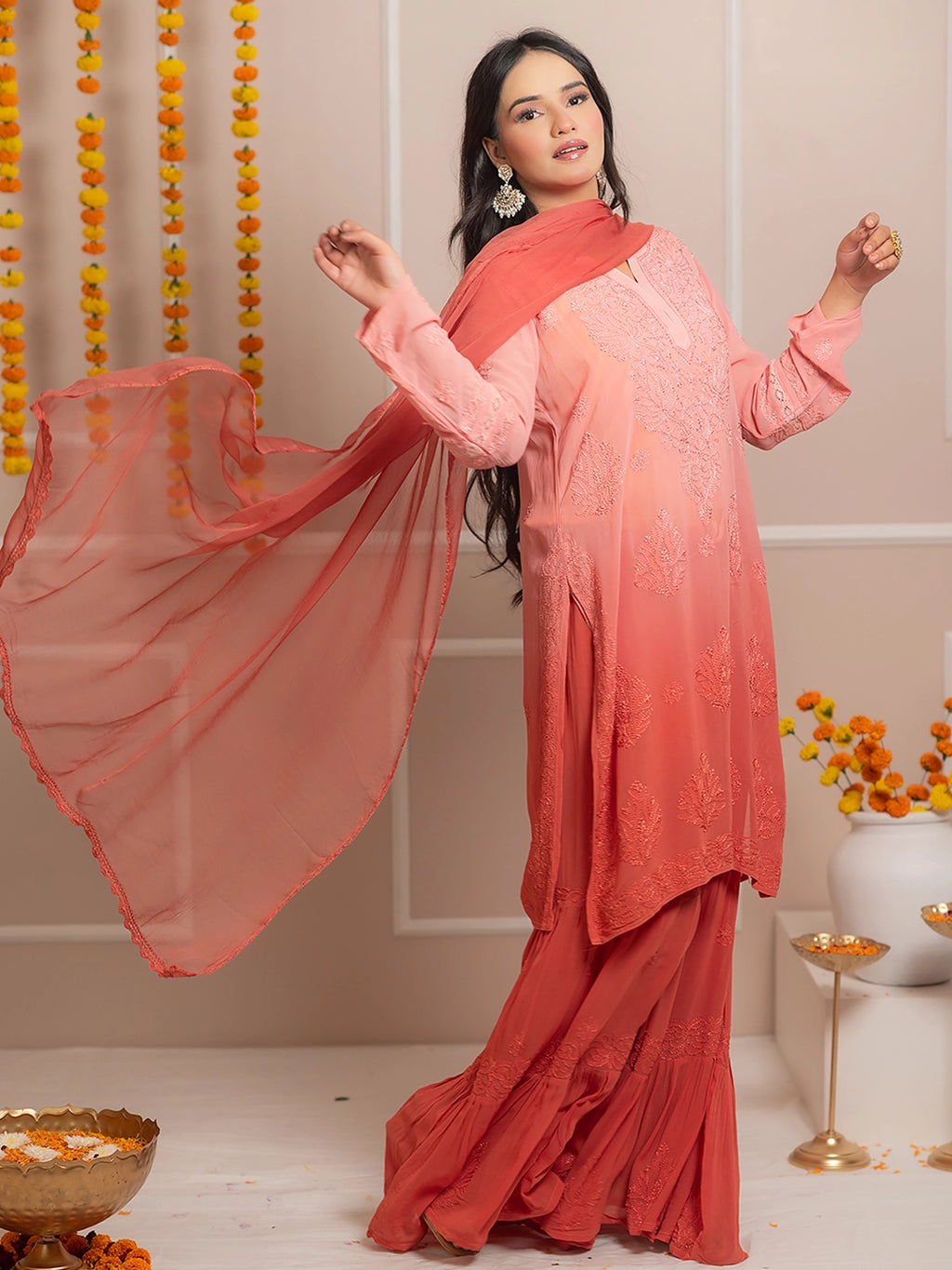 Peach Giva Viscose Chikankari Kurta Set