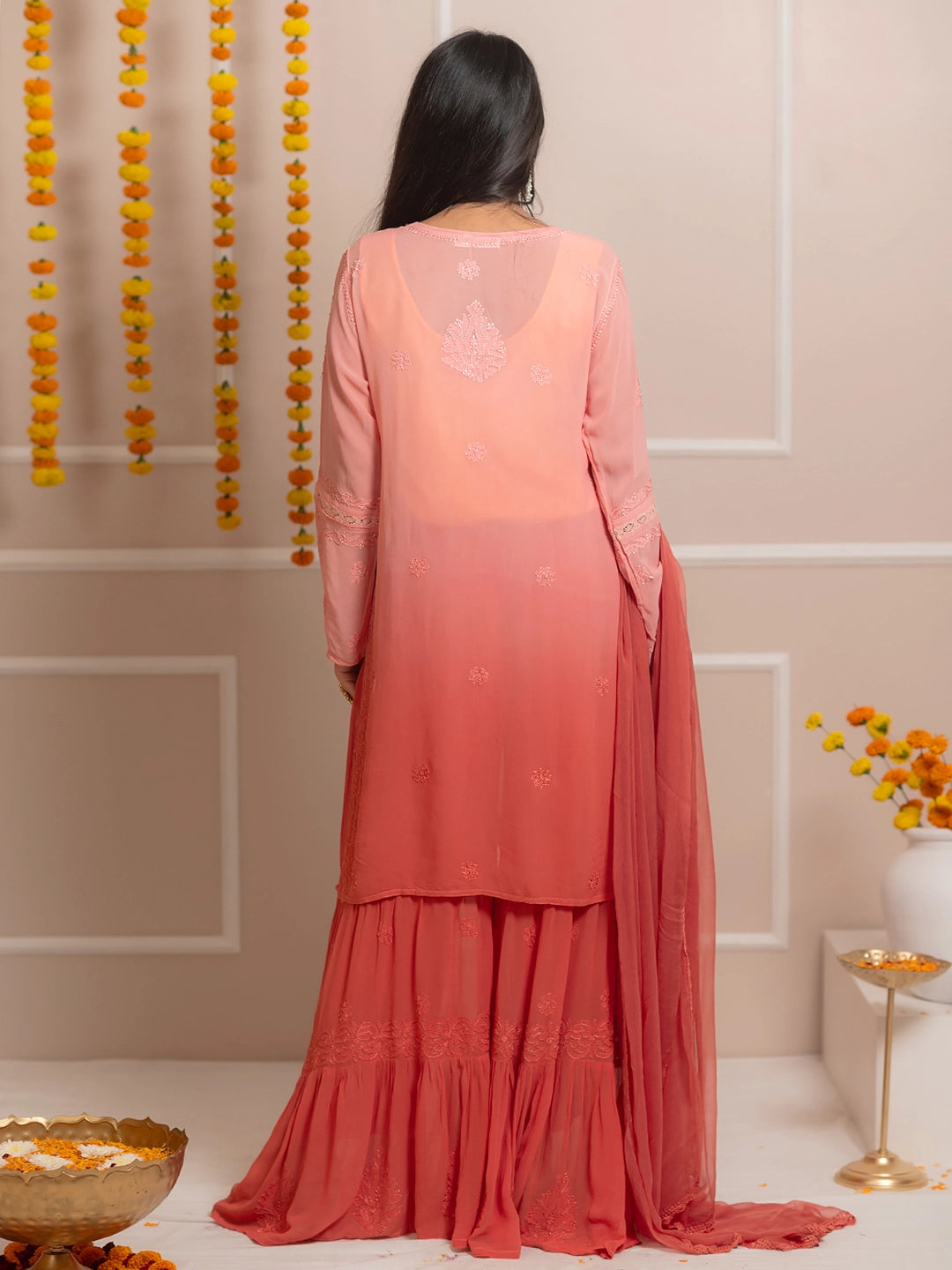 Peach Giva Viscose Chikankari Kurta Set