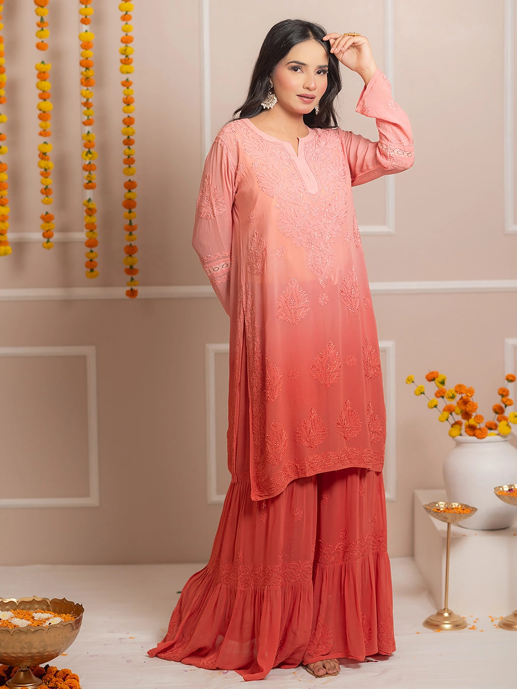 Peach Giva Viscose Chikankari Kurta Set