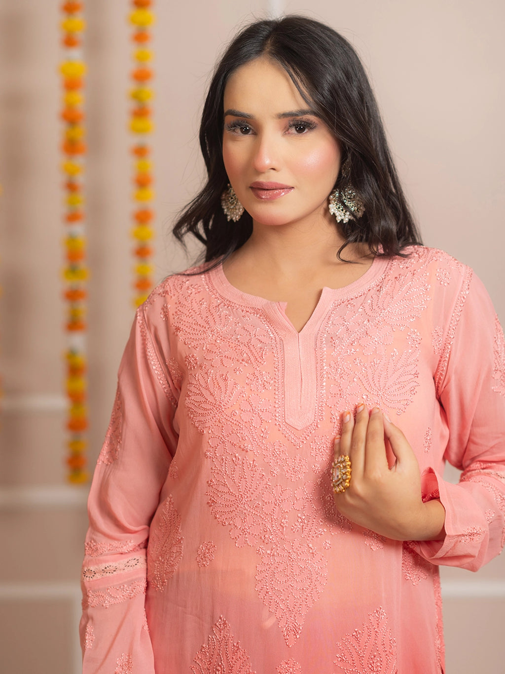 Peach Giva Viscose Chikankari Kurta Set