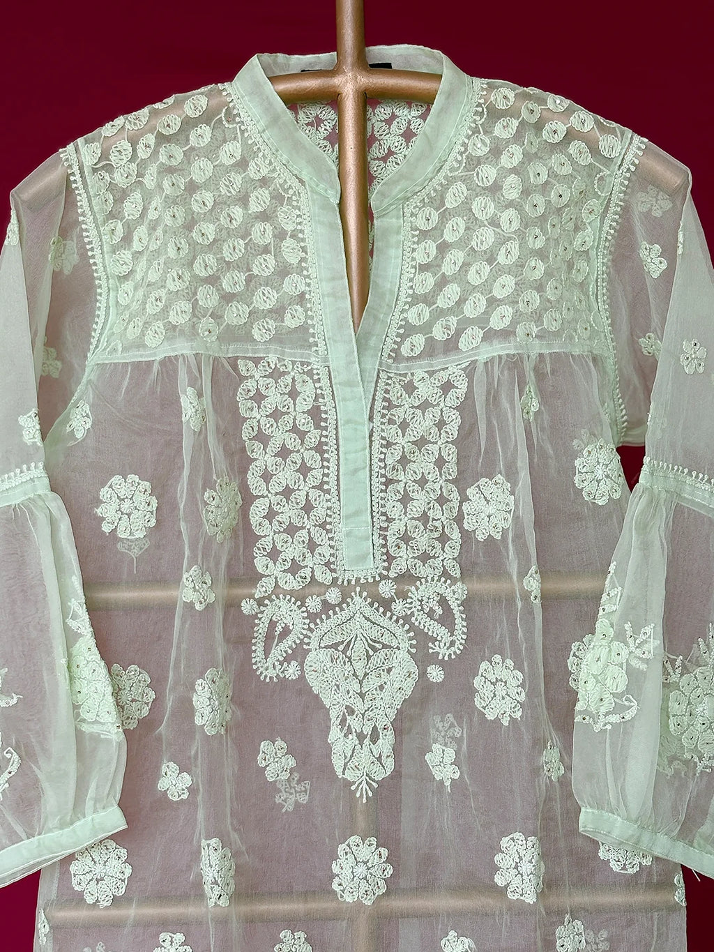 Green Aashna Organza Chikankari Short Kurta
