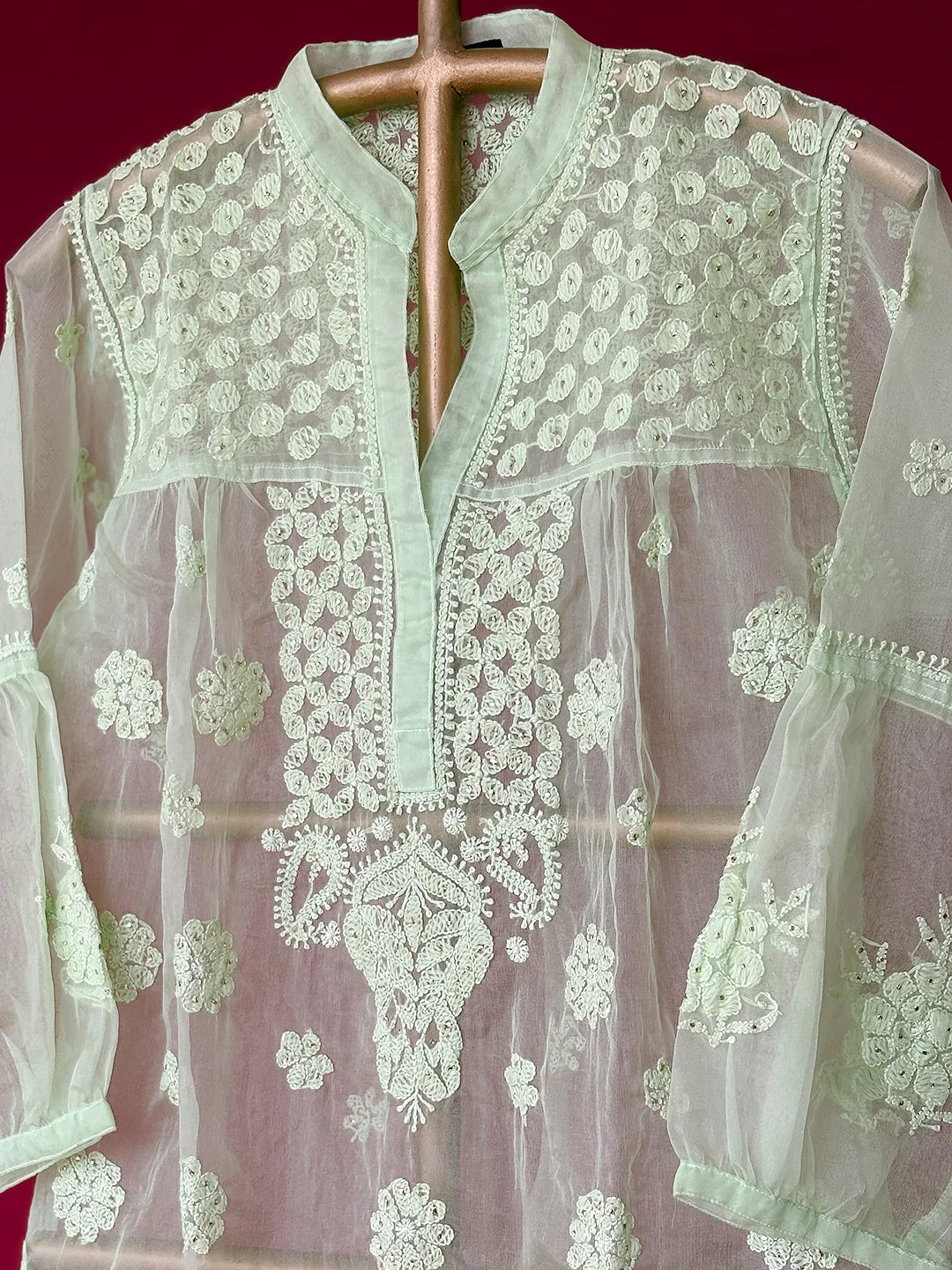 Green Aashna Organza Chikankari Short Kurta