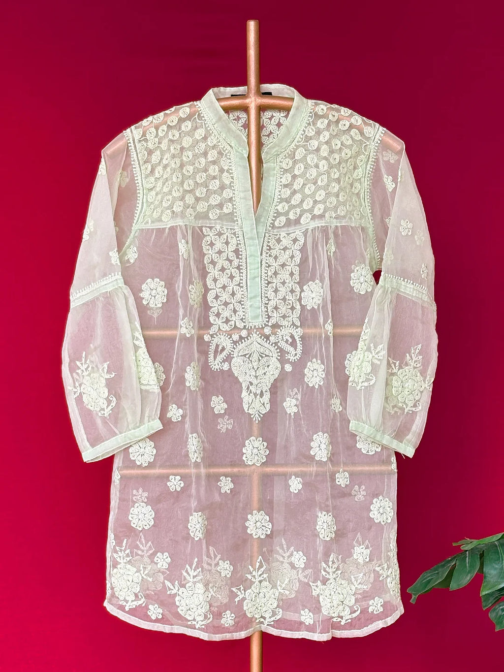 Green Aashna Organza Chikankari Short Kurta